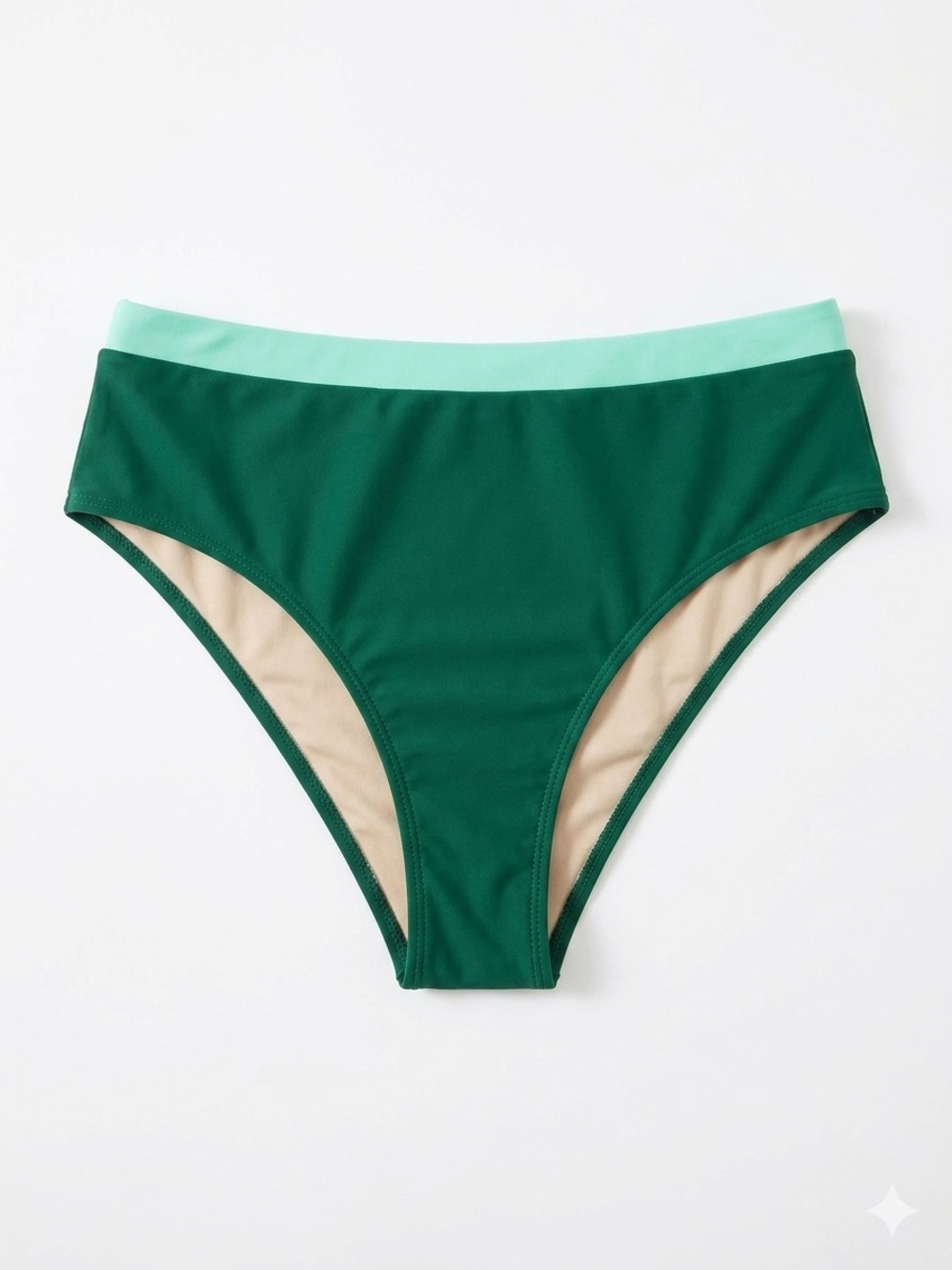 High-Waist Forest Green Bikini Bottom with Mint Waistband